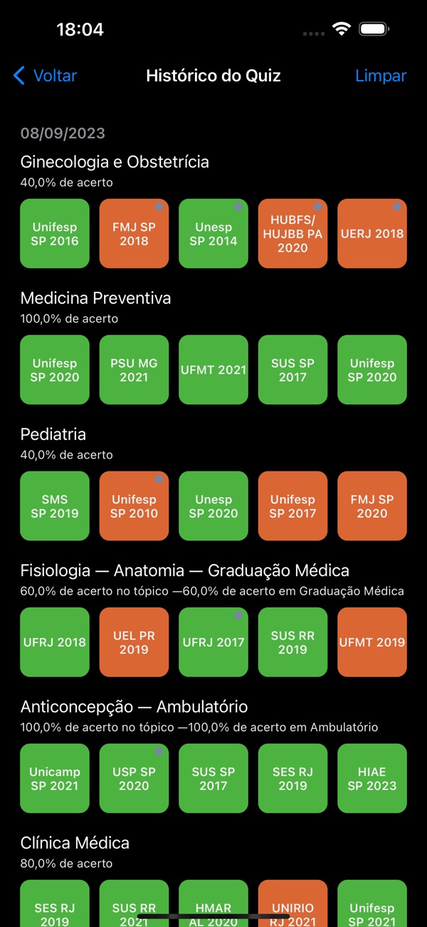 R1 Quiz: histórico do quiz com desempenho por área